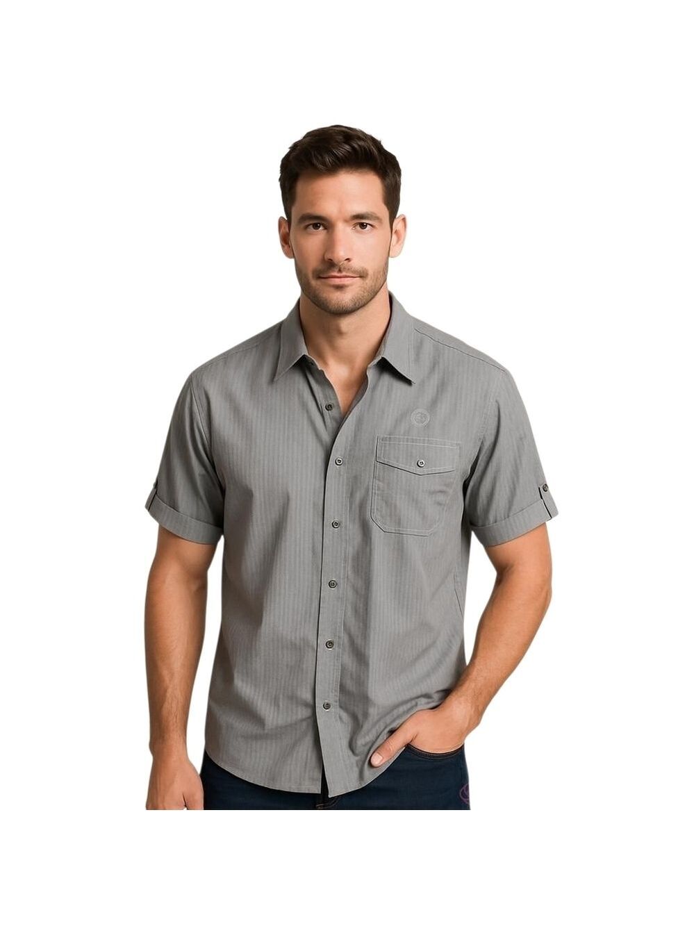 AMERICAN Rag Men's Short Sleeve Pinstripe Gray Button Down Shirt Size XL Cotton